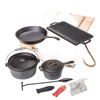 Set of durable cast iron cookware including skillet, Dutch oven, grill pan, and small pot with accessories arranged before a wooden carrying box, perfect for camping, kitchen, and outdoor cooking in Farm, Garden & Tool, Cookware, and Cast Iron collections.