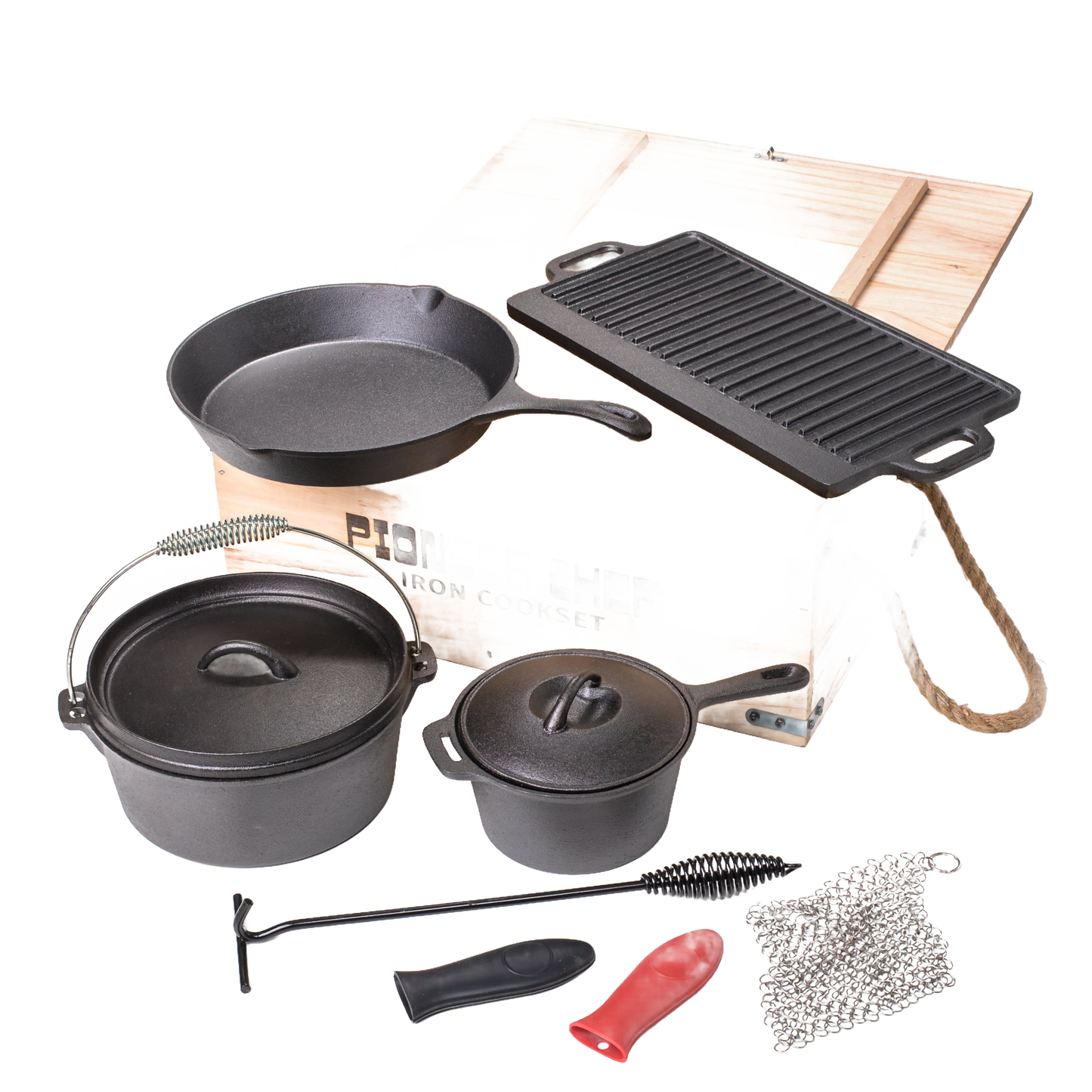 Set of durable cast iron cookware including skillet, Dutch oven, grill pan, and small pot with accessories arranged before a wooden carrying box, perfect for camping, kitchen, and outdoor cooking in Farm, Garden & Tool, Cookware, and Cast Iron collections.