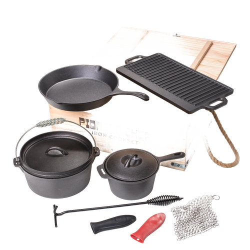 Set of durable cast iron cookware including skillet, Dutch oven, grill pan, and small pot with accessories arranged before a wooden carrying box, perfect for camping, kitchen, and outdoor cooking in Farm, Garden & Tool, Cookware, and Cast Iron collections.