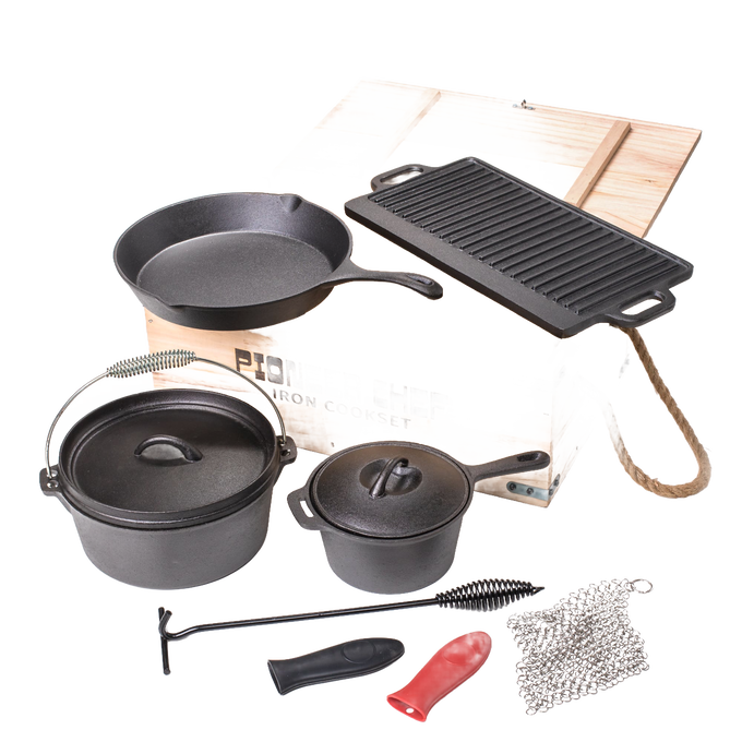 Set of durable cast iron cookware including skillet, Dutch oven, grill pan, and small pot with accessories arranged before a wooden carrying box, perfect for camping, kitchen, and outdoor cooking in Farm, Garden & Tool, Cookware, and Cast Iron collections.
