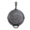 Bottom view of a handcrafted cast iron skillet embossed with Lehman’s logo and Made in USA, ideal for Kitchen & Food, Cookware, Cast Iron, and Best Sellers collections.