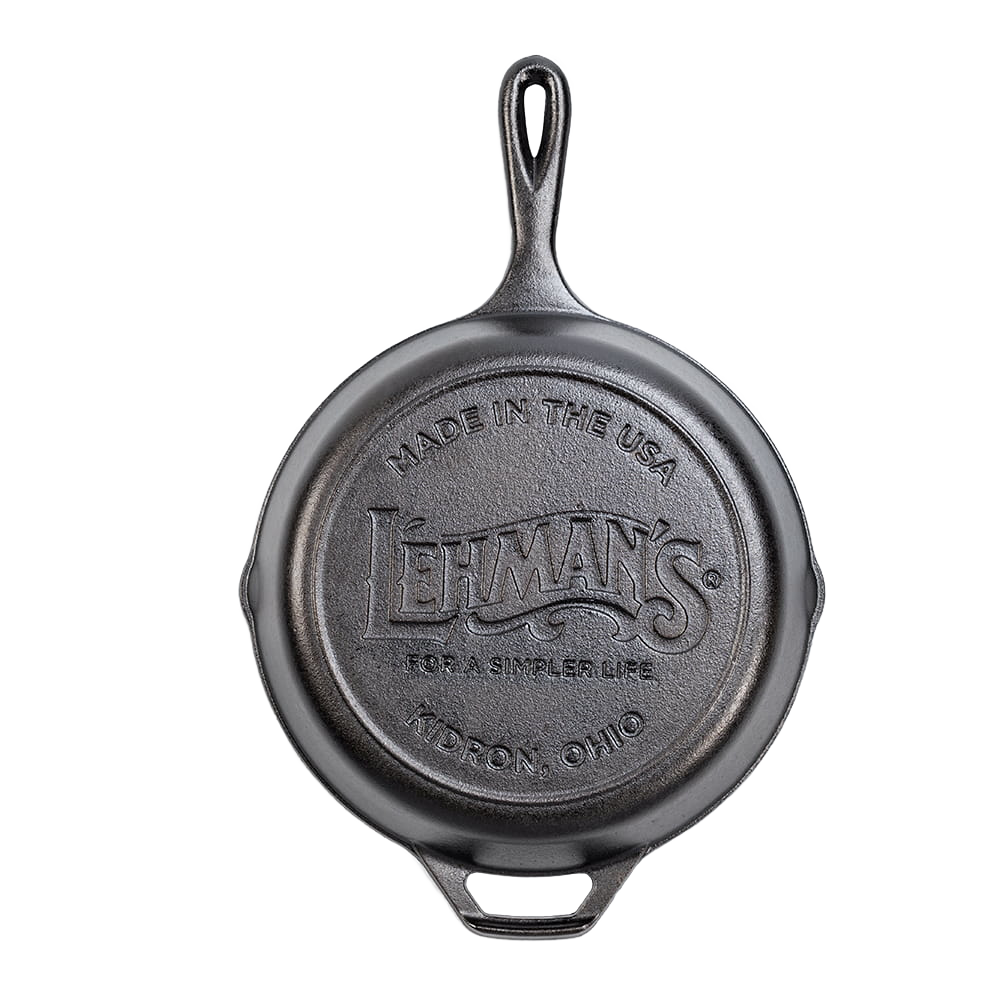 Bottom view of a handcrafted cast iron skillet embossed with Lehman’s logo and Made in USA, ideal for Kitchen & Food, Cookware, Cast Iron, and Best Sellers collections.