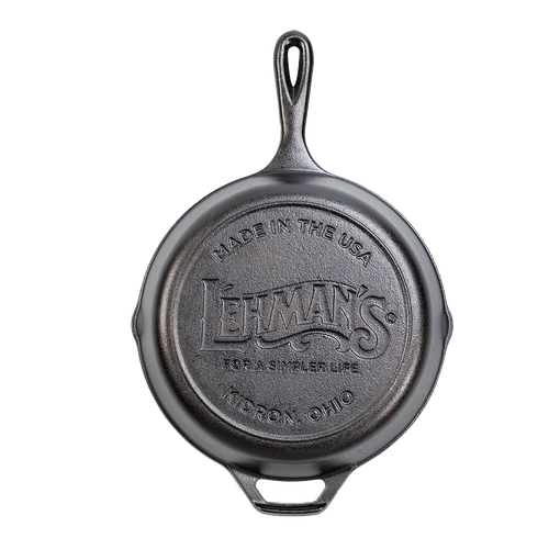 Bottom view of a handcrafted cast iron skillet embossed with Lehman’s logo and Made in USA, ideal for Kitchen & Food, Cookware, Cast Iron, and Best Sellers collections.