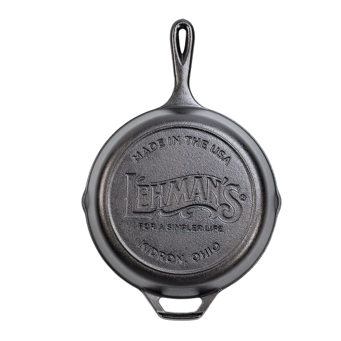 Bottom view of a handcrafted cast iron skillet embossed with Lehman’s logo and Made in USA, ideal for Kitchen & Food, Cookware, Cast Iron, and Best Sellers collections.