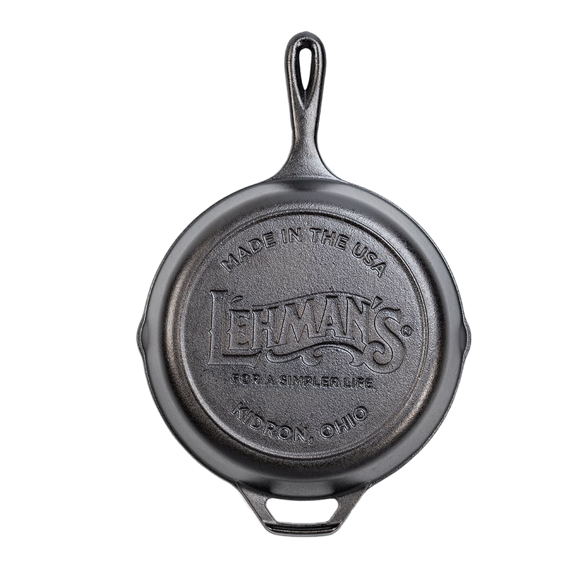 Bottom view of a handcrafted cast iron skillet embossed with Lehman’s logo and Made in USA, ideal for Kitchen & Food, Cookware, Cast Iron, and Best Sellers collections.