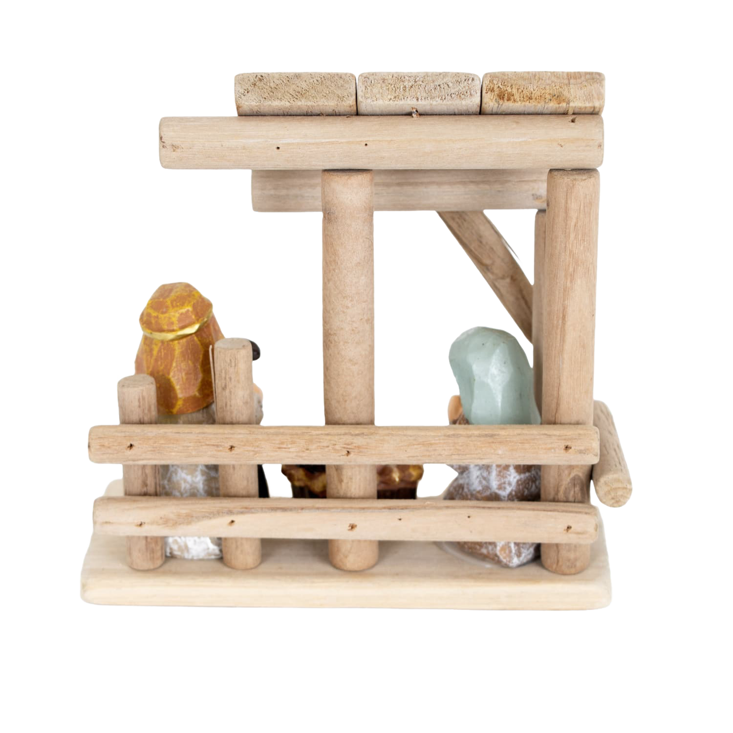 Handcrafted small nativity display with a simple wooden stable and attached resin figurines of Mary, Joseph, and baby Jesus, designed for Home & Decor and Holiday Decor collections.