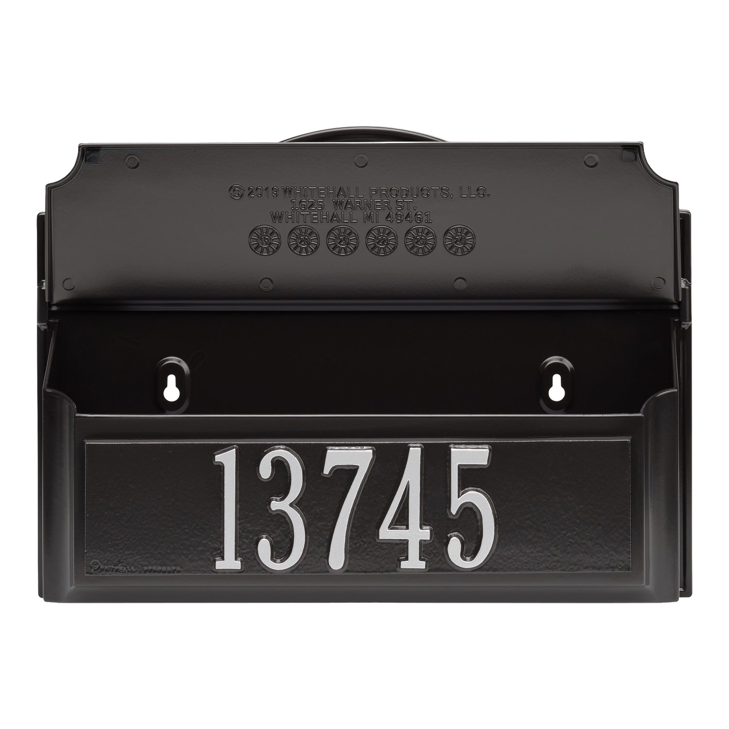 Handcrafted black and silver wall mount mailbox featuring a raised house number plate, designed to enhance curb appeal, made in USA, part of Home & Decor and Mailboxes collections.
