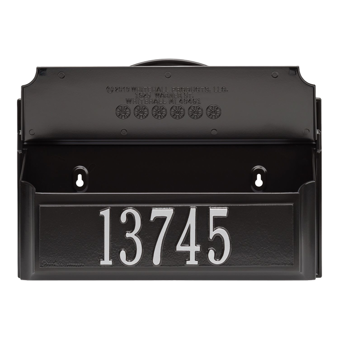 Handcrafted black and silver wall mount mailbox featuring a raised house number plate, designed to enhance curb appeal, made in USA, part of Home & Decor and Mailboxes collections.