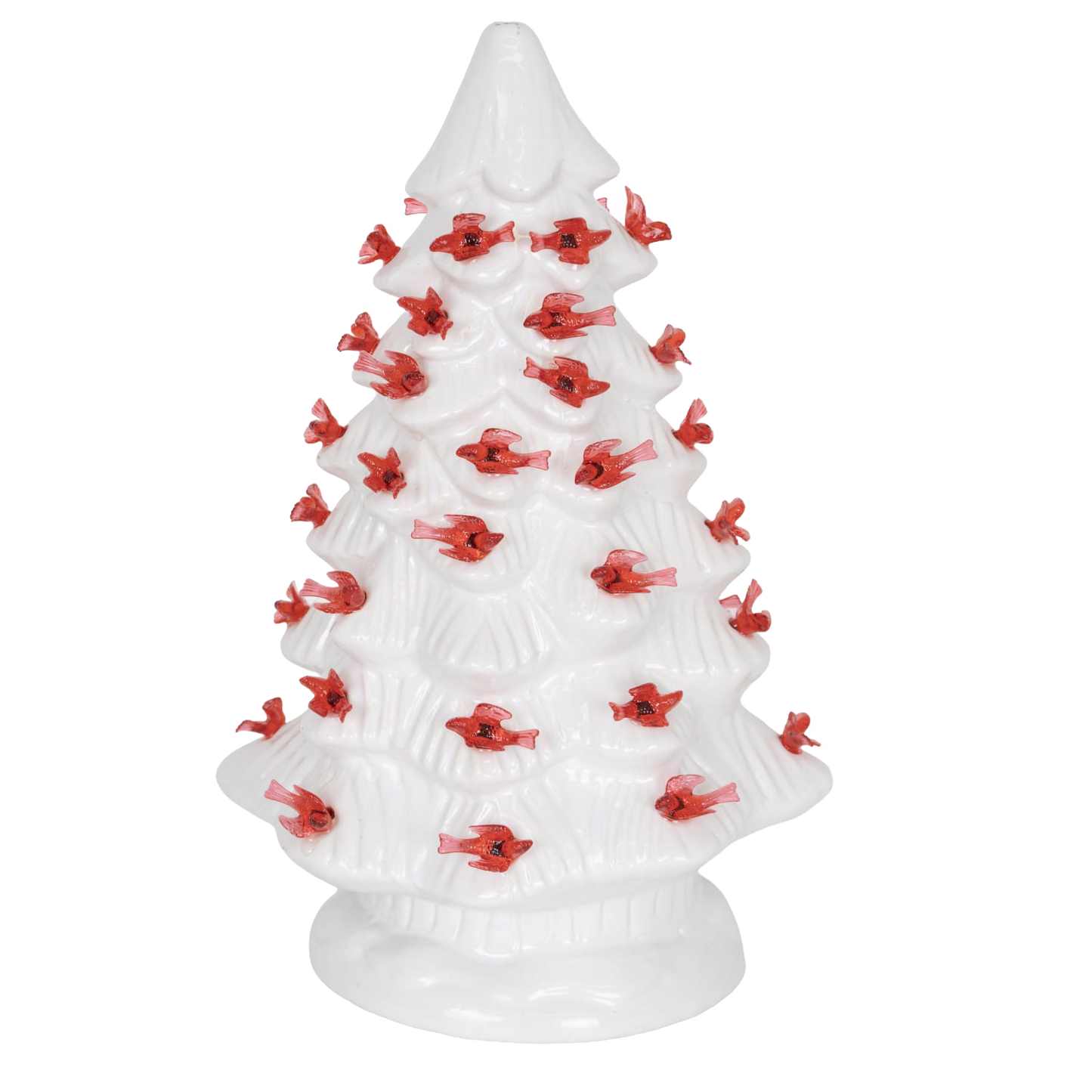 Unique handcrafted ceramic Christmas tree adorned with bright red cardinals and warm LED lights, ideal for adding cozy holiday charm in Home & Decor, Holiday Decor, Best Sellers, Promo Eligible collections.