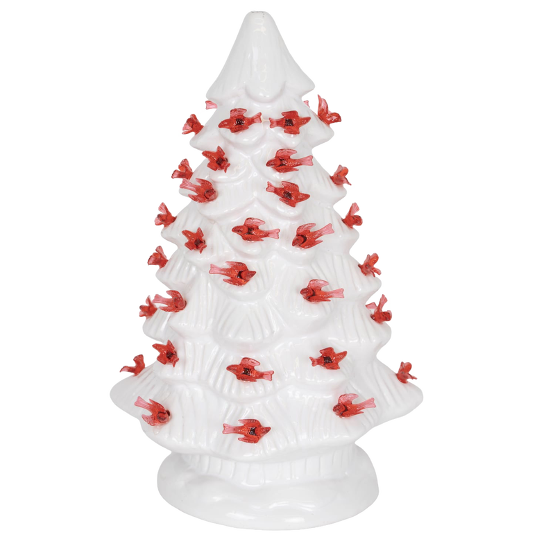 Unique handcrafted ceramic Christmas tree adorned with bright red cardinals and warm LED lights, ideal for adding cozy holiday charm in Home & Decor, Holiday Decor, Best Sellers, Promo Eligible collections.