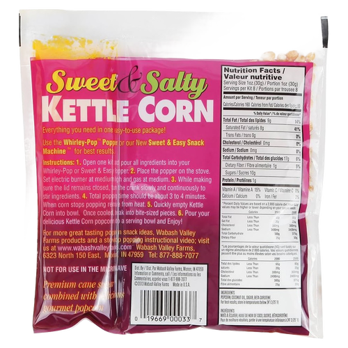 Package of kettle corn popping kit with sweet and salty seasoning, displaying detailed nutrition facts and preparation instructions, ideal for Kitchen & Food, Popcorn, Best Sellers, and Promo Eligible collections.