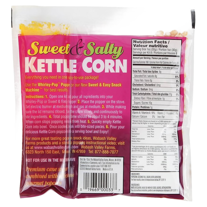 Package of kettle corn popping kit with sweet and salty seasoning, displaying detailed nutrition facts and preparation instructions, ideal for Kitchen & Food, Popcorn, Best Sellers, and Promo Eligible collections.
