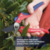 Red and blue bypass pruning shears with sharp carbon steel blades trimming a green stem, ideal for Farm, Garden & Tool, Garden Accessories, Lawncare, Best Sellers, and Promo Eligible collections.