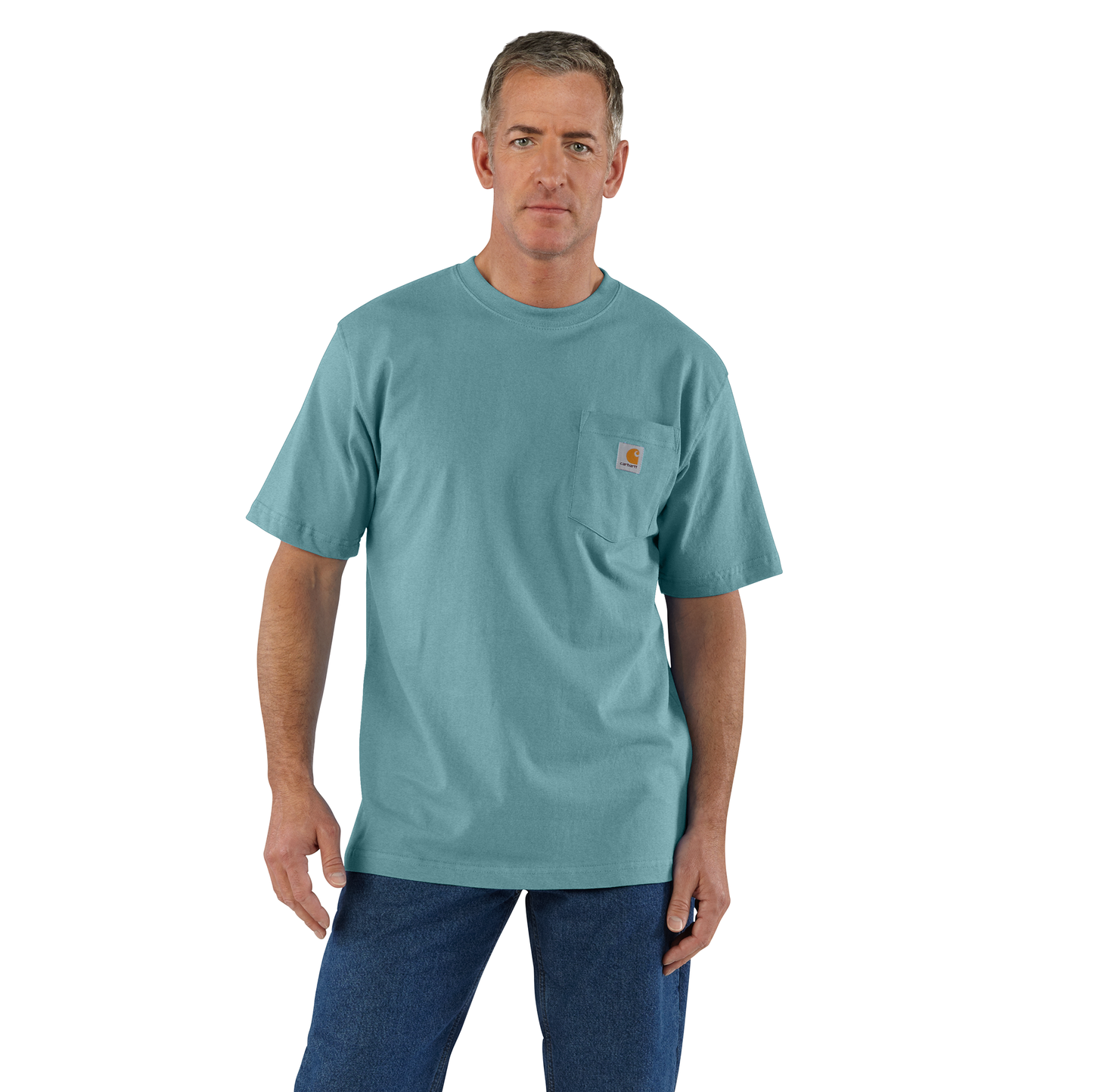 Man wearing a handcrafted heavyweight cotton blue short-sleeve pocket t-shirt with rib-knit crewneck and loose fit, styled with jeans, fitting Clothing and Accessories and Best Sellers collections.