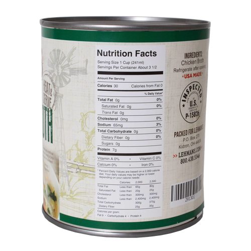 Back view of Lehman's 27 oz canned chicken broth showing detailed nutrition facts, ingredients list, inspection stamp, and labeling, suitable for Kitchen & Food, Emergency Supplies, and Farm collections.
