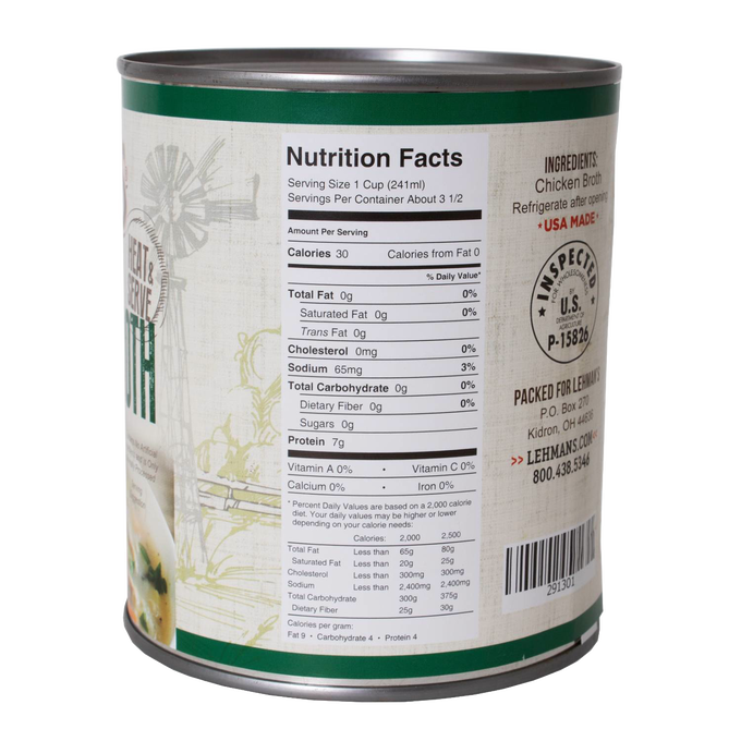 Back view of Lehman's 27 oz canned chicken broth showing detailed nutrition facts, ingredients list, inspection stamp, and labeling, suitable for Kitchen & Food, Emergency Supplies, and Farm collections.