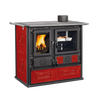 La Nordica Rosa wood cook stove featuring cast iron firebox, porcelain enameled steel oven, panoramic ceramic glass door, in red majolica finish, ideal for Stoves, Cookstoves, and Best Sellers collections.