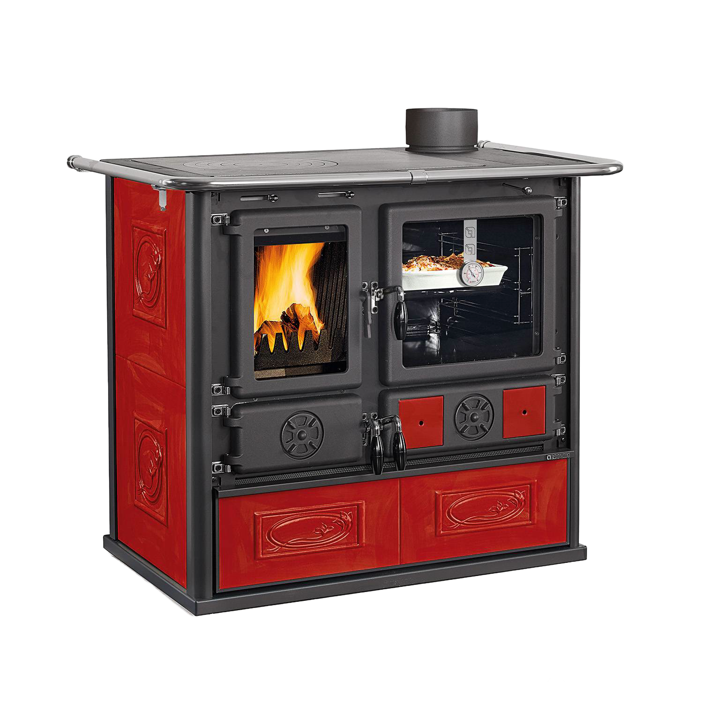 La Nordica Rosa wood cook stove featuring cast iron firebox, porcelain enameled steel oven, panoramic ceramic glass door, in red majolica finish, ideal for Stoves, Cookstoves, and Best Sellers collections.