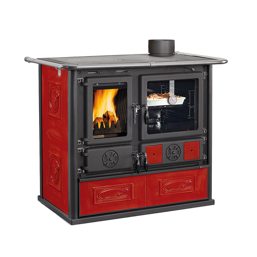 La Nordica Rosa wood cook stove featuring cast iron firebox, porcelain enameled steel oven, panoramic ceramic glass door, in red majolica finish, ideal for Stoves, Cookstoves, and Best Sellers collections.