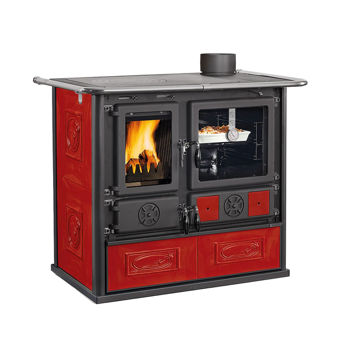 La Nordica Rosa wood cook stove featuring cast iron firebox, porcelain enameled steel oven, panoramic ceramic glass door, in red majolica finish, ideal for Stoves, Cookstoves, and Best Sellers collections.