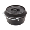 Sturdy cast iron Dutch oven with flat base, embossed lid featuring a decorative design, and a metal bail handle, suitable for Kitchen & Food, Cookware, Cast Iron, Best Sellers, Promo Eligible collections.
