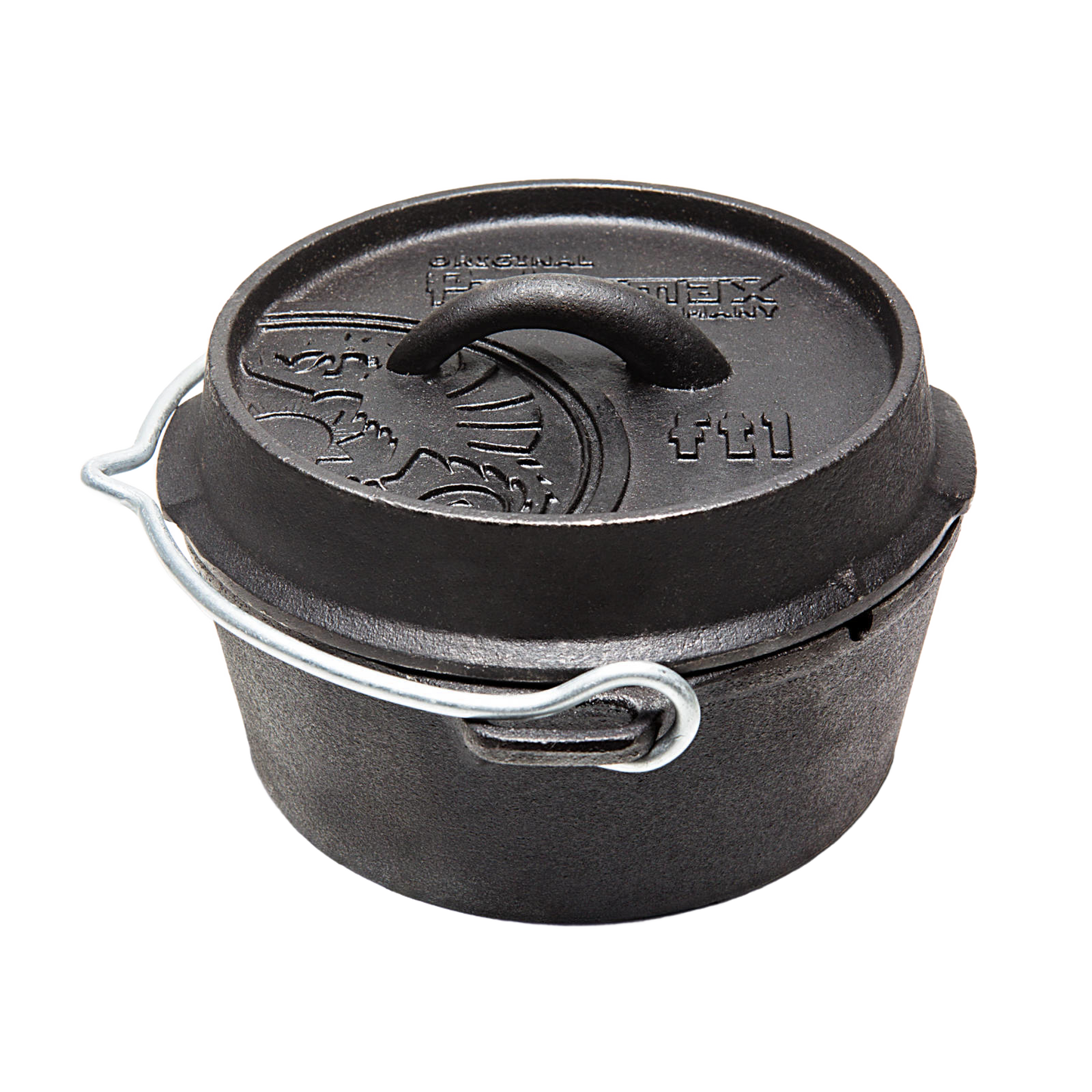 Sturdy cast iron Dutch oven with flat base, embossed lid featuring a decorative design, and a metal bail handle, suitable for Kitchen & Food, Cookware, Cast Iron, Best Sellers, Promo Eligible collections.