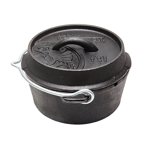 Sturdy cast iron Dutch oven with flat base, embossed lid featuring a decorative design, and a metal bail handle, suitable for Kitchen & Food, Cookware, Cast Iron, Best Sellers, Promo Eligible collections.