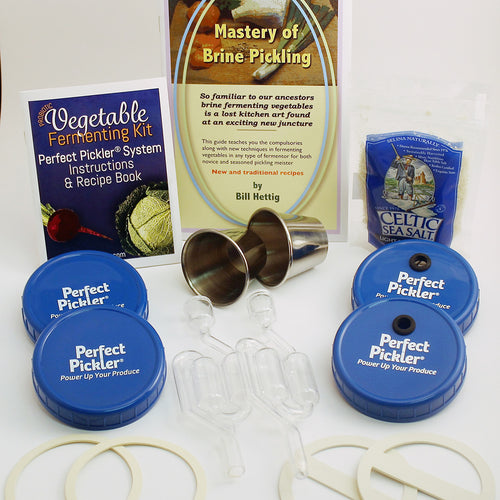 Handcrafted fermenting kit with two jar-top fermentors featuring blue lids, airlocks, gaskets, stainless steel measuring cups, recipe books, and sea salt, ideal for Kitchen & Food, Food Preservation, Fermenting and Pickling, Kitchen Gadgets, Cooking and Baking Helpers, USA Made, Best Sellers, and Promo Eligible collections.