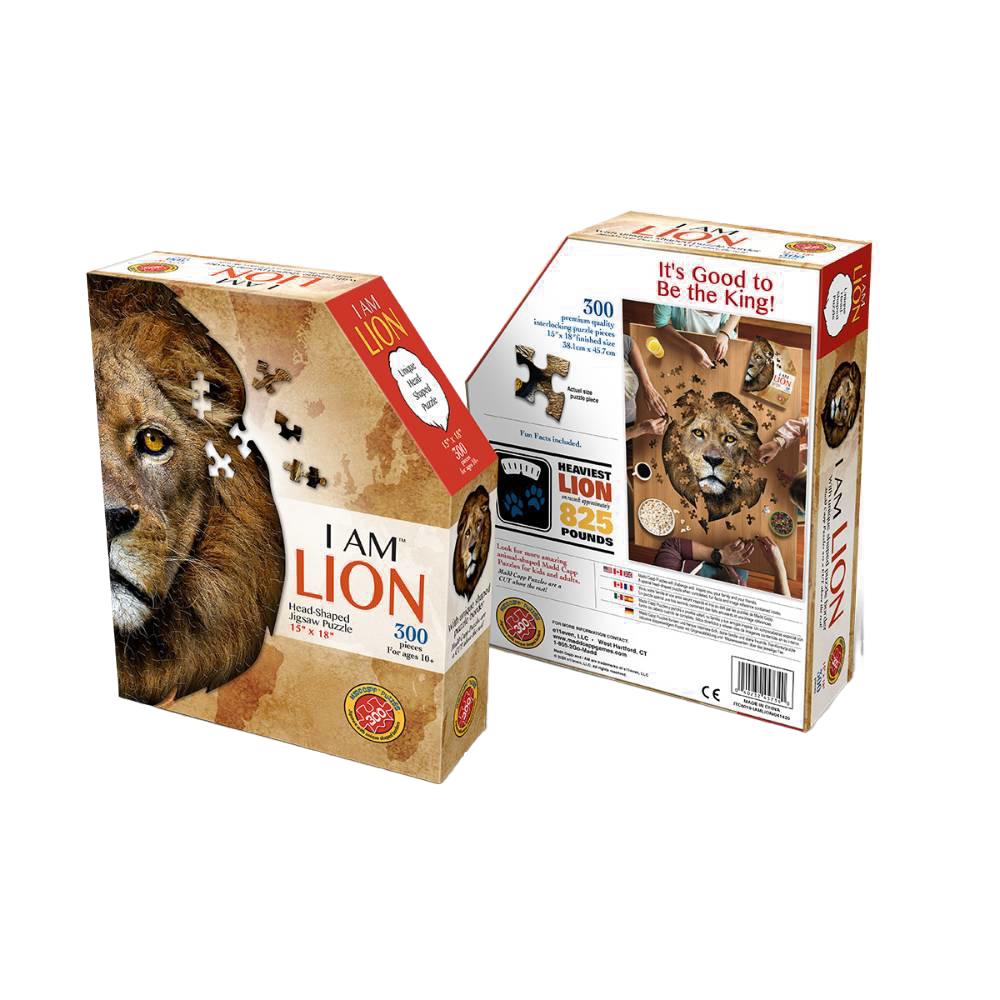 Boxed 300-piece lion-shaped jigsaw puzzle featuring educational lion facts, designed for children and puzzle enthusiasts in Toys, Games, and Best Sellers collections.