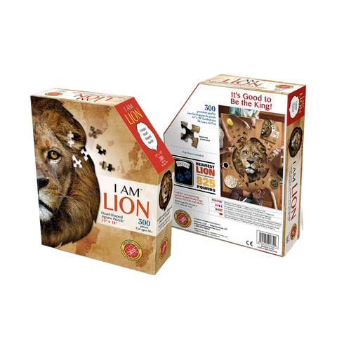 Boxed 300-piece lion-shaped jigsaw puzzle featuring educational lion facts, designed for children and puzzle enthusiasts in Toys, Games, and Best Sellers collections.