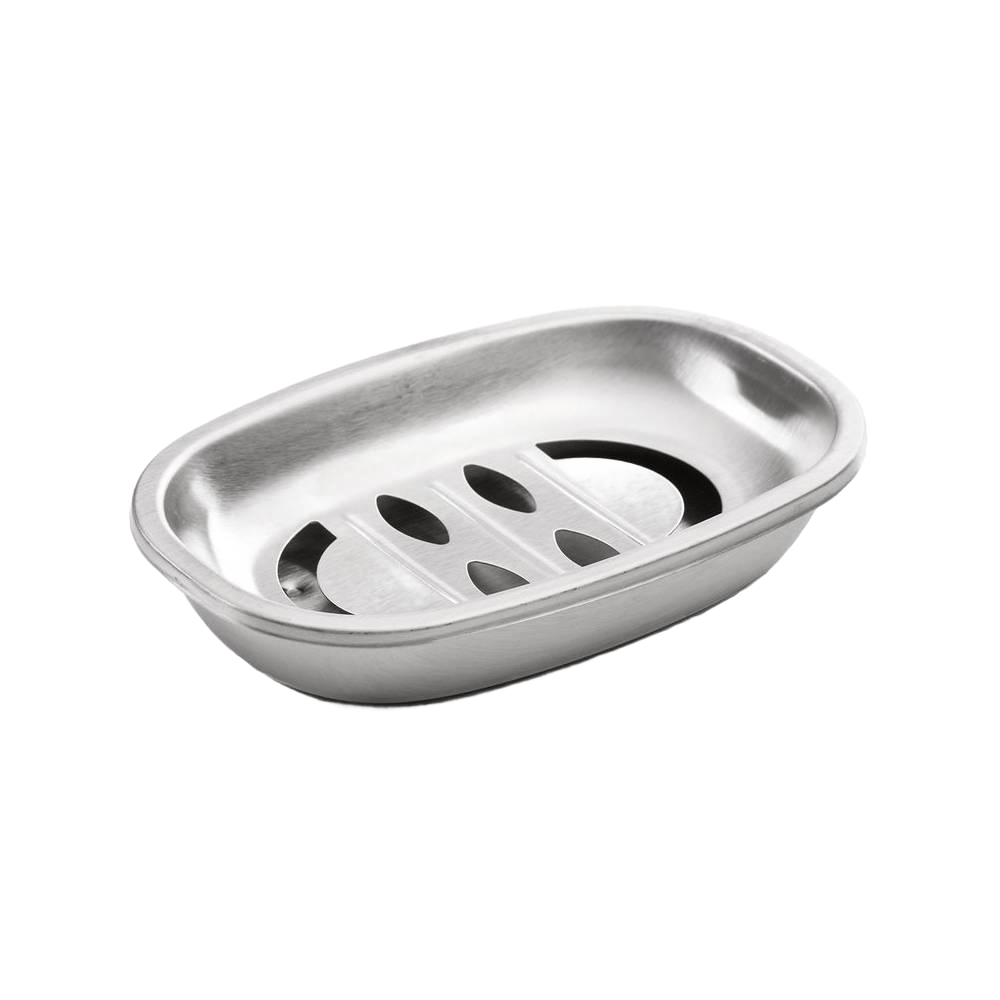 Brushed stainless steel soap dish featuring a removable insert to keep soap dry, designed for kitchen or bathroom use, ideal for Health & Wellness and Home & Decor collections.