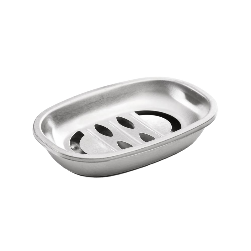 Brushed stainless steel soap dish featuring a removable insert to keep soap dry, designed for kitchen or bathroom use, ideal for Health & Wellness and Home & Decor collections.