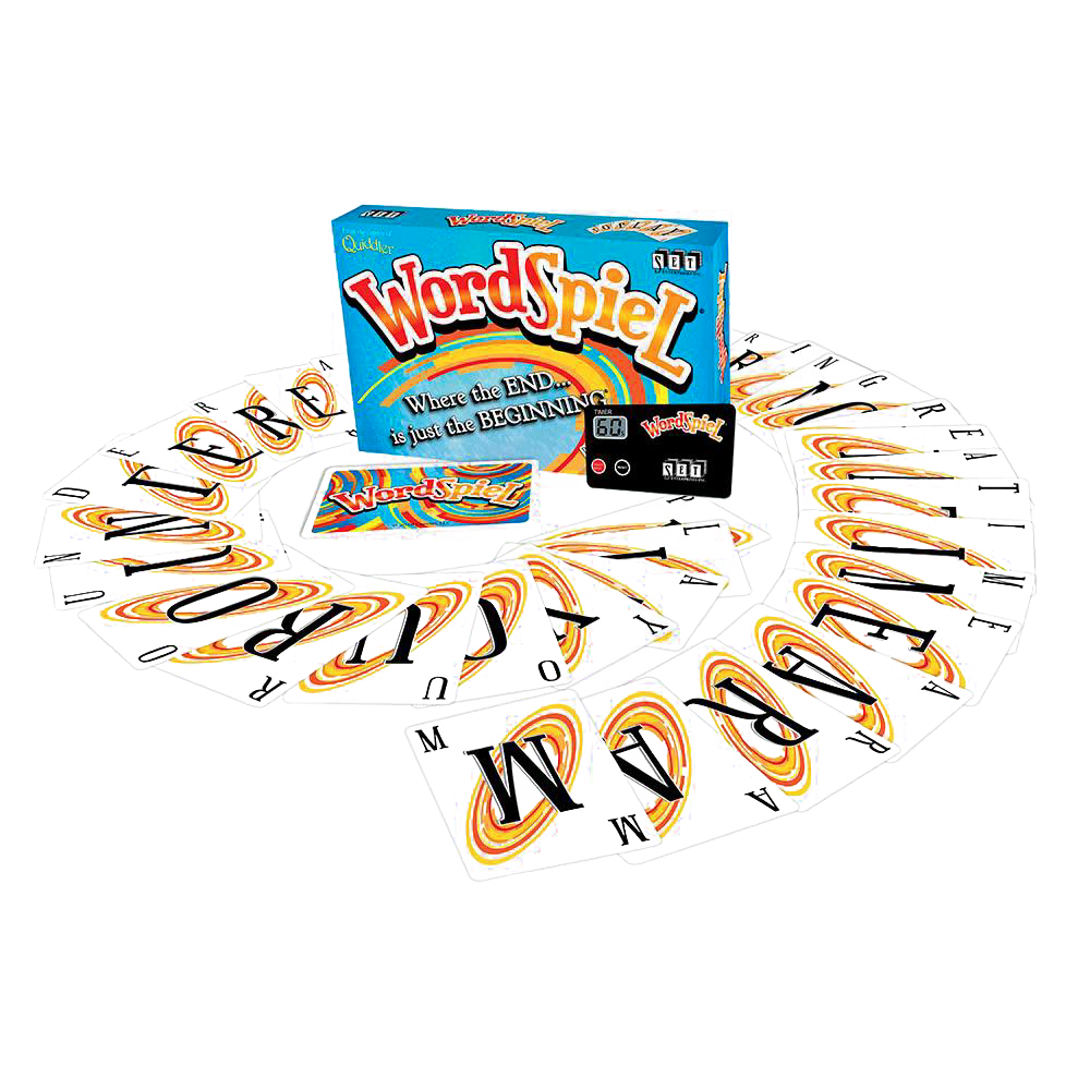 WordSpiel card game set with colorful cards arranged in a spiral around the box, designed for engaging word play in Toys, Books & Games, Indoor Play, and Table and Board Games collections.
