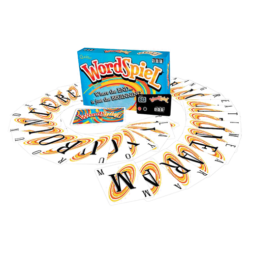 WordSpiel card game set with colorful cards arranged in a spiral around the box, designed for engaging word play in Toys, Books & Games, Indoor Play, and Table and Board Games collections.