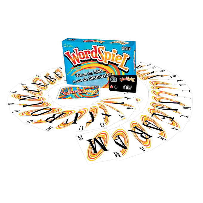 WordSpiel card game set with colorful cards arranged in a spiral around the box, designed for engaging word play in Toys, Books & Games, Indoor Play, and Table and Board Games collections.
