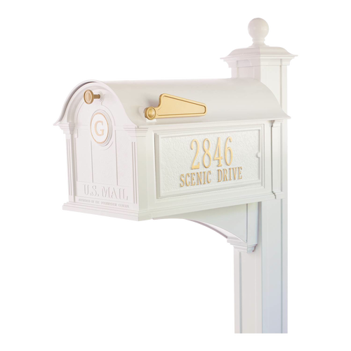 White mailbox with gold accents and personalized monogram and address, featuring a handcrafted design made in USA, part of Home & Decor and Mailboxes and Address Signs collections.