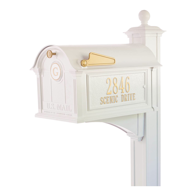 White mailbox with gold accents and personalized monogram and address, featuring a handcrafted design made in USA, part of Home & Decor and Mailboxes and Address Signs collections.