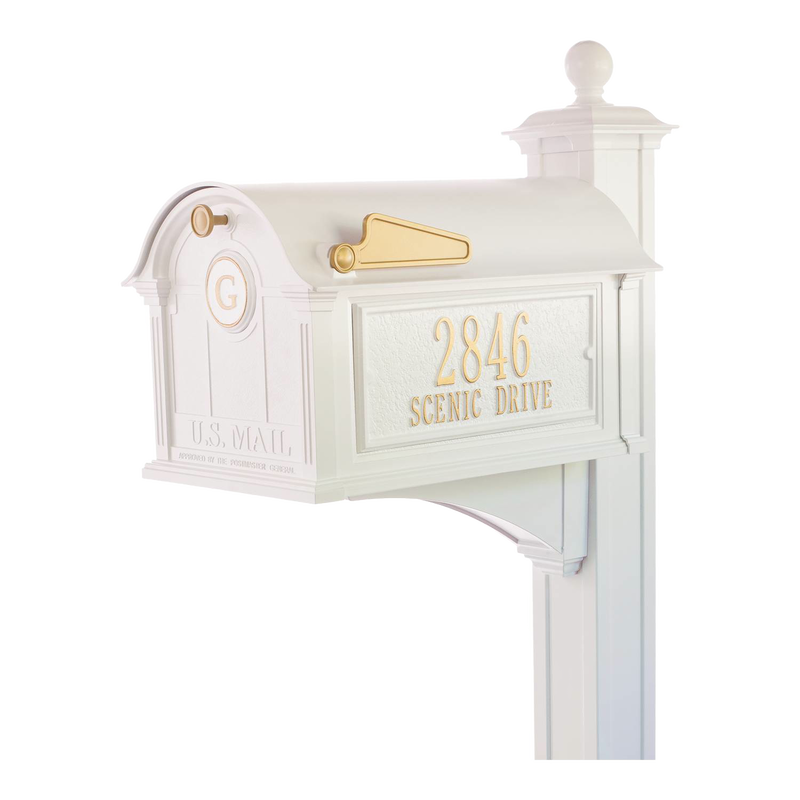 White mailbox with gold accents and personalized monogram and address, featuring a handcrafted design made in USA, part of Home & Decor and Mailboxes and Address Signs collections.