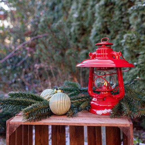 Handcrafted red steel reflector shade for Feuerhand lantern, designed to direct light downward with glare control and glass protection, featured in Lamps & Lighting, Emergency Supplies, Oil Lamps, Best Sellers, and Promo Eligible collections.