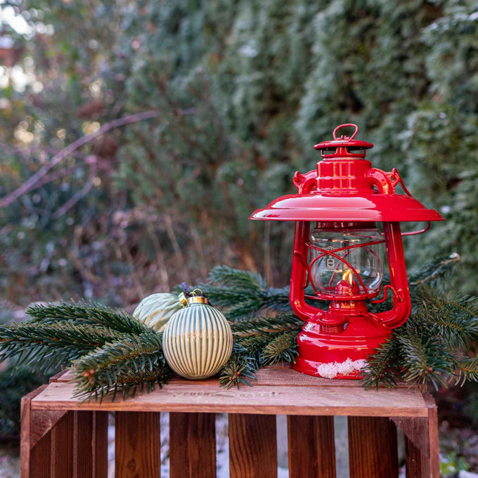 Handcrafted red steel reflector shade for Feuerhand lantern, designed to direct light downward with glare control and glass protection, featured in Lamps & Lighting, Emergency Supplies, Oil Lamps, Best Sellers, and Promo Eligible collections.
