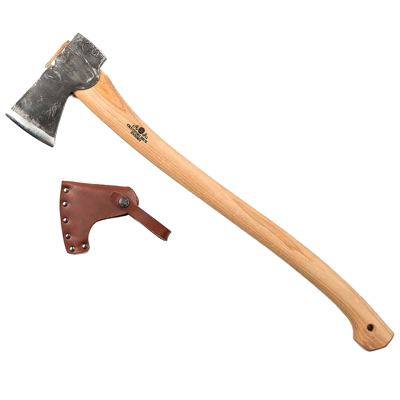 Gransfors Bruk Scandinavian Forest Axe with a smooth wooden handle and forged steel head, featuring a leather sheath, ideal for Farm, Garden & Tool, Knives & Axes, Axes, Wood Cutting and Hauling, Best Sellers, and Promo Eligible collections.