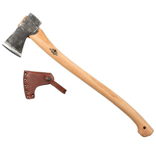Gransfors Bruk Scandinavian Forest Axe with a smooth wooden handle and forged steel head, featuring a leather sheath, ideal for Farm, Garden & Tool, Knives & Axes, Axes, Wood Cutting and Hauling, Best Sellers, and Promo Eligible collections.