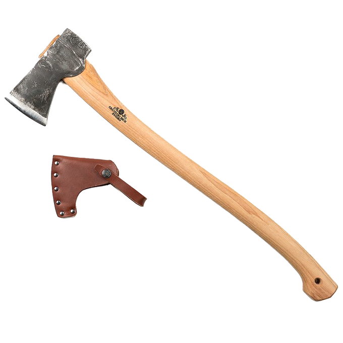 Gransfors Bruk Scandinavian Forest Axe with a smooth wooden handle and forged steel head, featuring a leather sheath, ideal for Farm, Garden & Tool, Knives & Axes, Axes, Wood Cutting and Hauling, Best Sellers, and Promo Eligible collections.