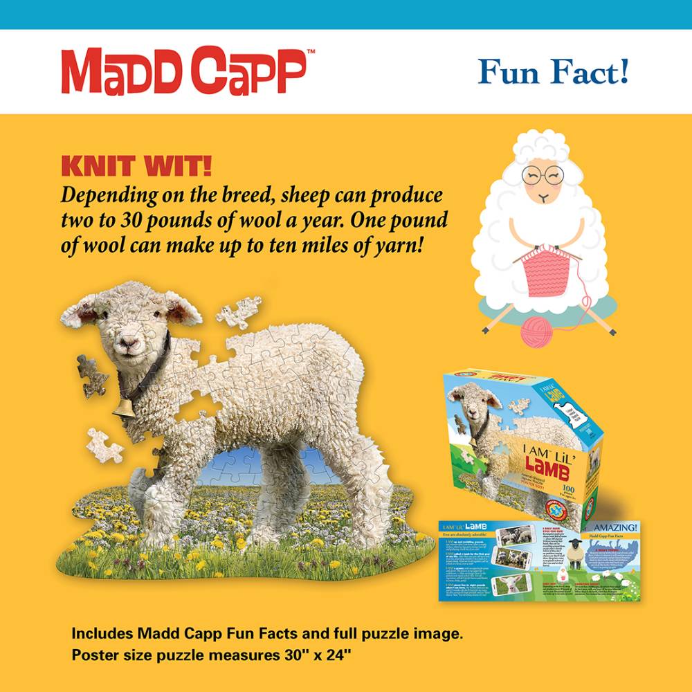 Bright educational poster showcasing a shaped 100-piece lamb jigsaw puzzle with fun knitting fact, part of Toys, Books & Games, Children's Toys, Games and Puzzles, and Best Sellers collections.
