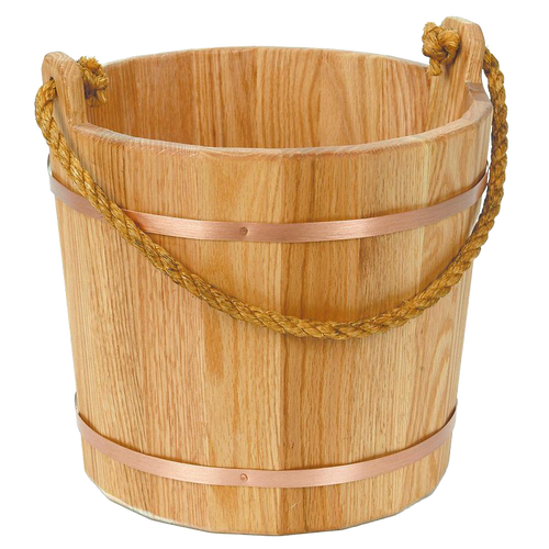 Handcrafted wooden bucket featuring kiln-dried oak slats, burnished copper-colored bands, and a sturdy handmade sisal rope handle, perfect for farm, garden, and USA made collections.