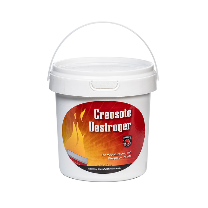 White plastic pail with handle labeled "Creosote Destroyer" for woodstoves and fireplace inserts, featured in Stoves, Hearth Accessories, Best Sellers, Promo Eligible, and All Stoves & Appliances collections.