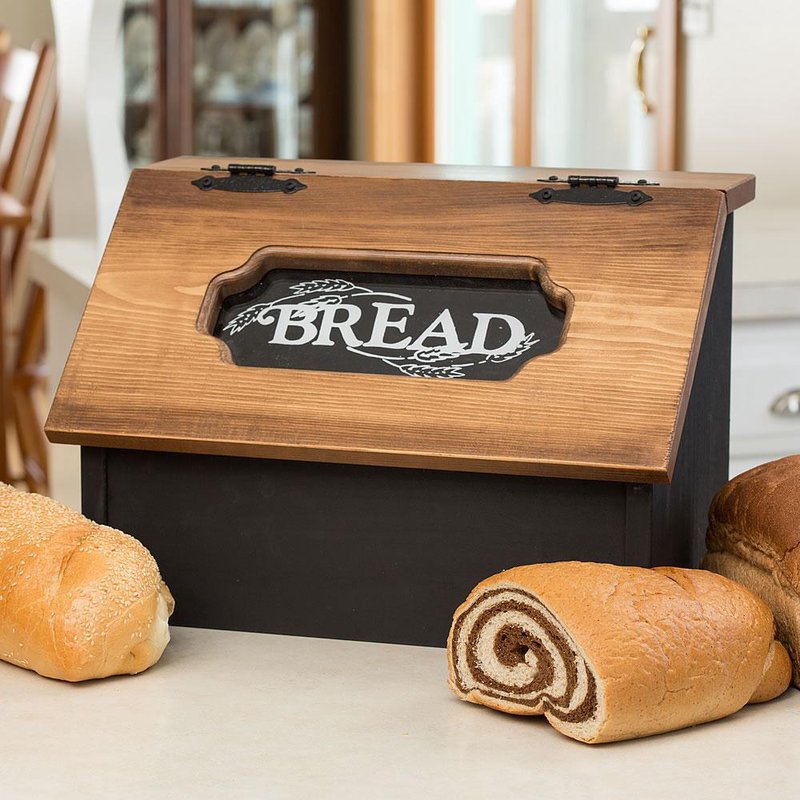 Handcrafted pine bread box with a hinged variegated brown lid and black painted base, made in USA by Amish artisans, perfect for Kitchen & Food, Storage, and Bread Making Supplies collections.