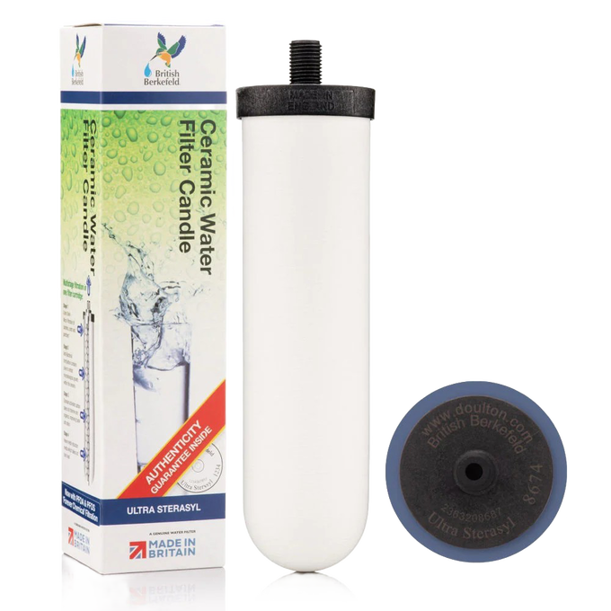 White ceramic water filter element with black threaded top, designed for British Berkefeld gravity systems, featured in Farm, Garden & Tool, Appliances, Emergency Supplies, and Water Heating and Treatment collections.