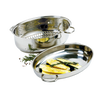 Shiny stainless steel roaster pan with rack and separate lid used as a serving tray, featuring seasoned roasted vegetables; ideal for Kitchen & Food, Cookware, Pots and Pans, Best Sellers collections.