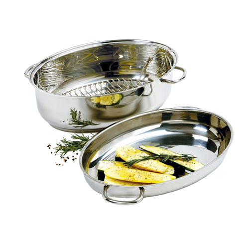 Shiny stainless steel roaster pan with rack and separate lid used as a serving tray, featuring seasoned roasted vegetables; ideal for Kitchen & Food, Cookware, Pots and Pans, Best Sellers collections.